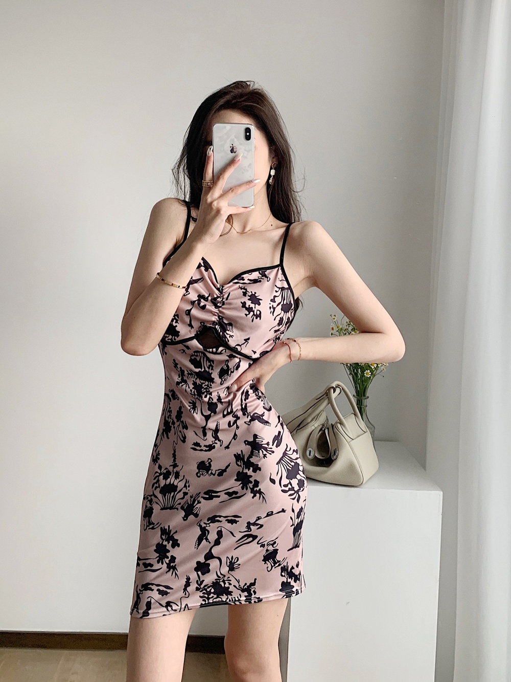Sling France style summer T-back printing sexy dress