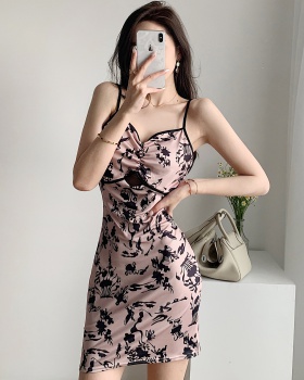 Sling France style summer T-back printing sexy dress