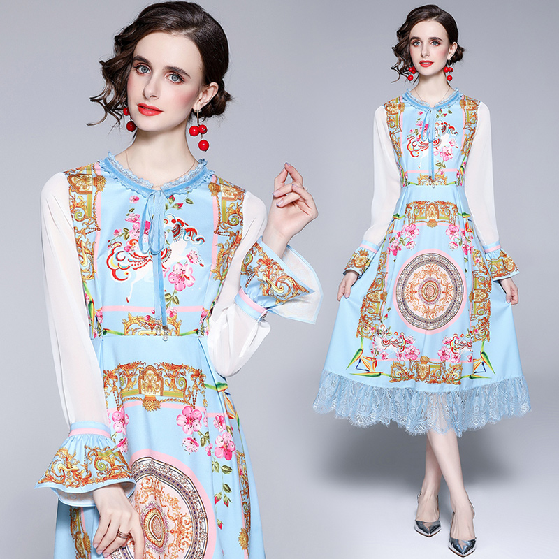 Fashion pinched waist printing dress for women