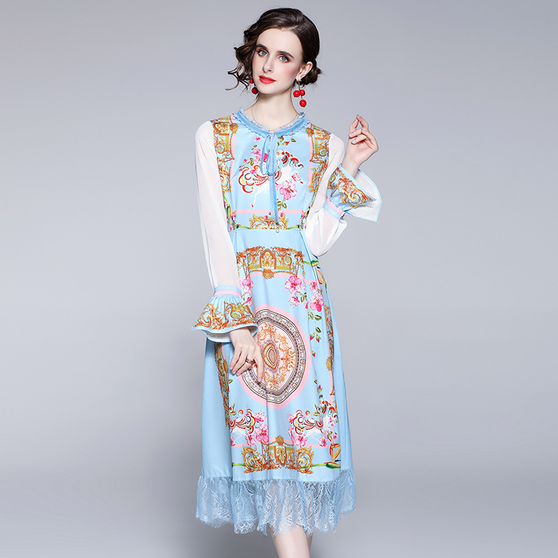 Fashion pinched waist printing dress for women