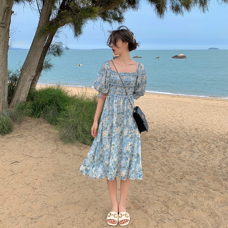 Floral France style chiffon vacation summer dress
