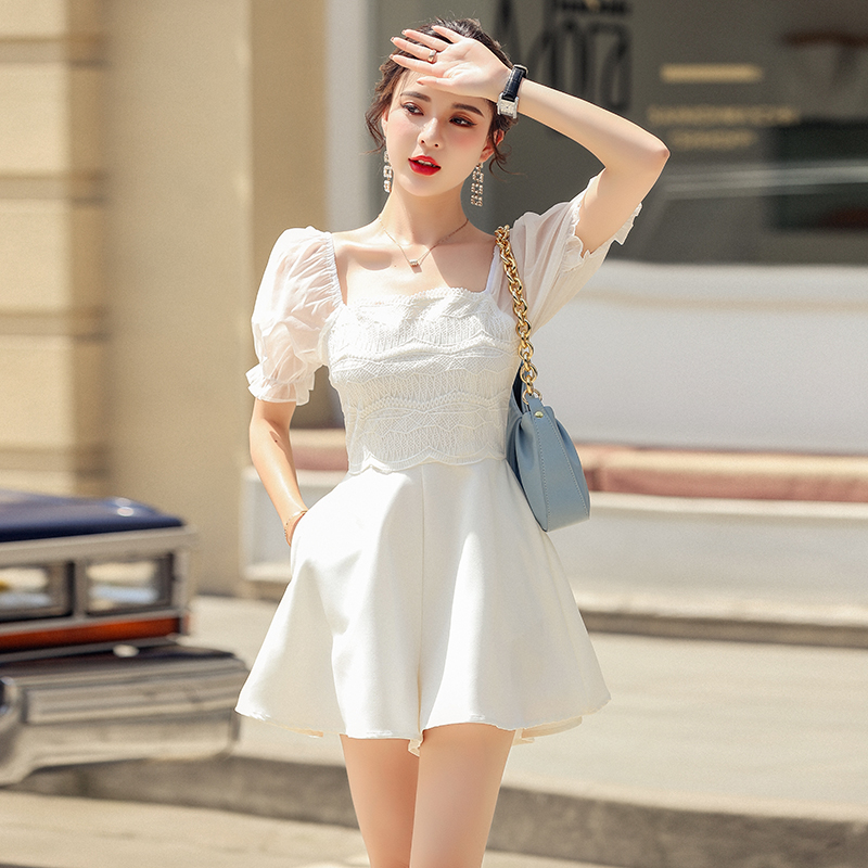 Puff sleeve lace jumpsuit white summer shorts