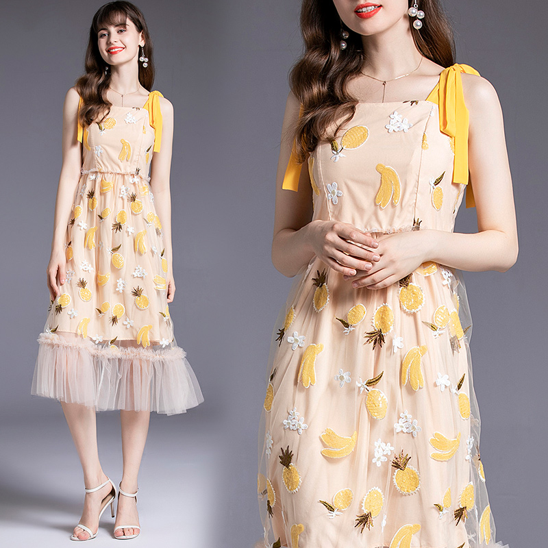 Sequins yellow beautiful strap dress gauze summer dress for women