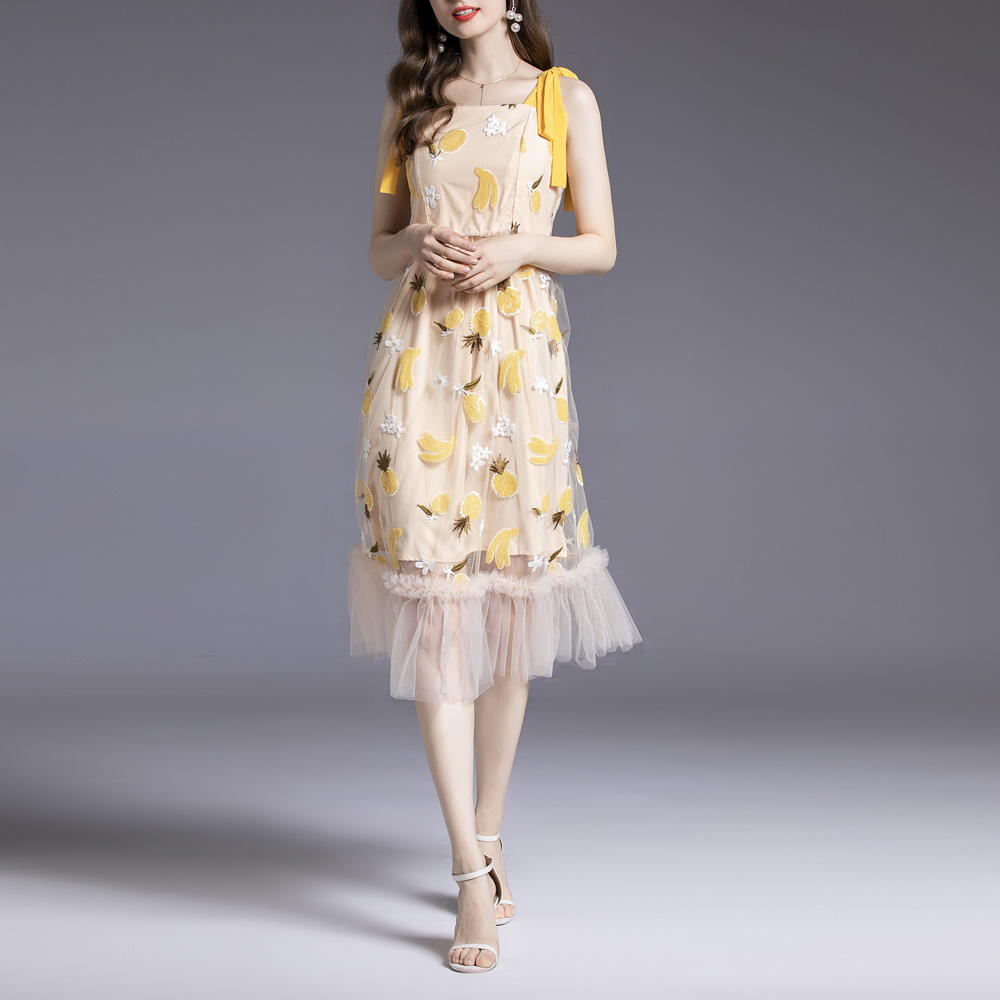 Sequins yellow beautiful strap dress gauze summer dress for women