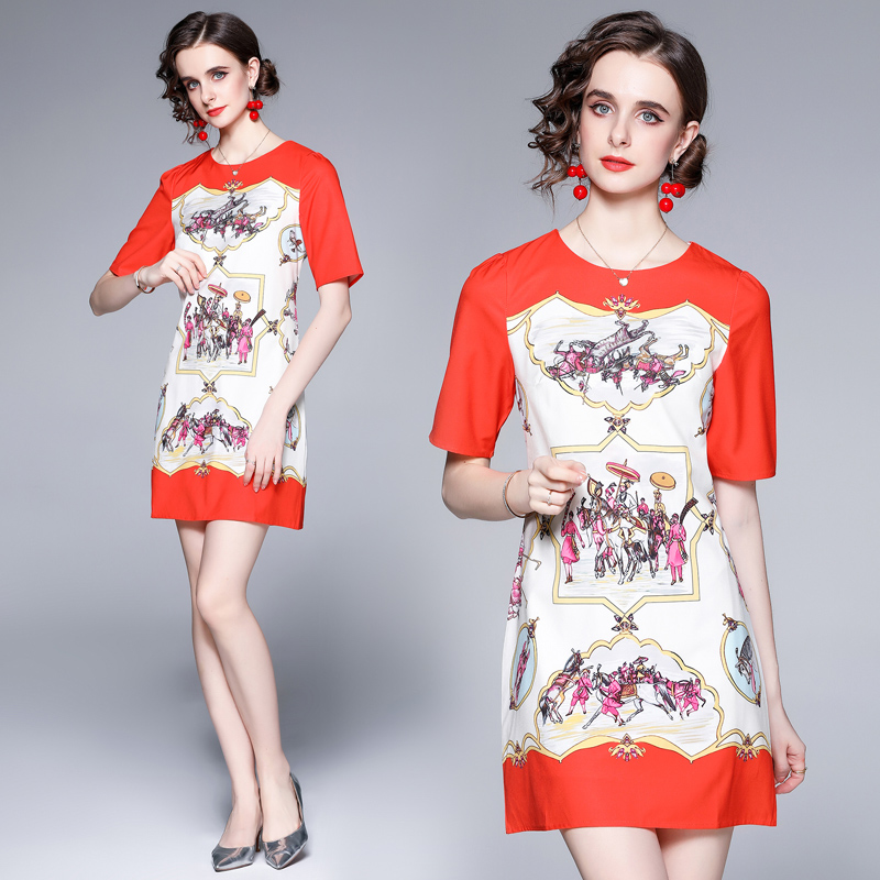 Short sleeve printing European style dress