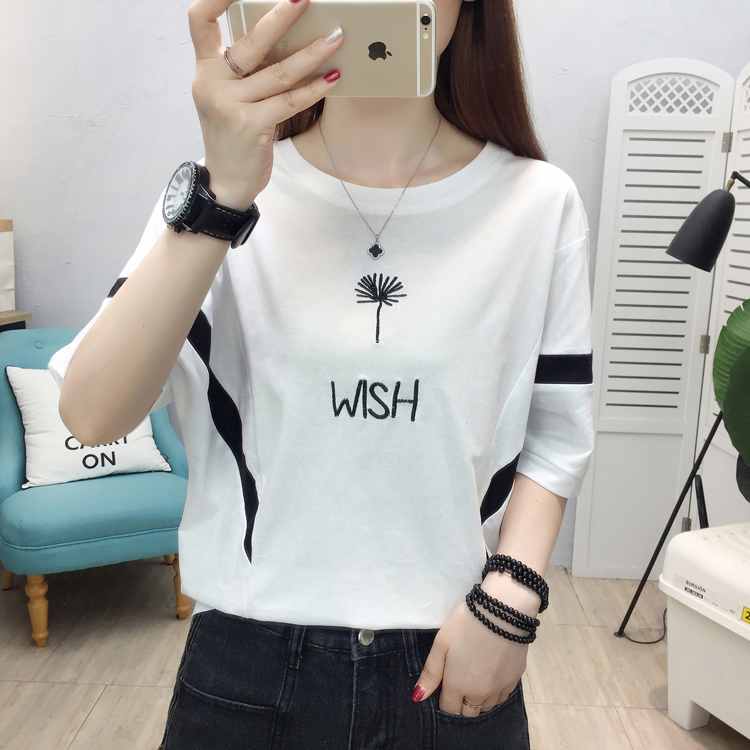 Summer embroidered large yard pure cotton T-shirt for women