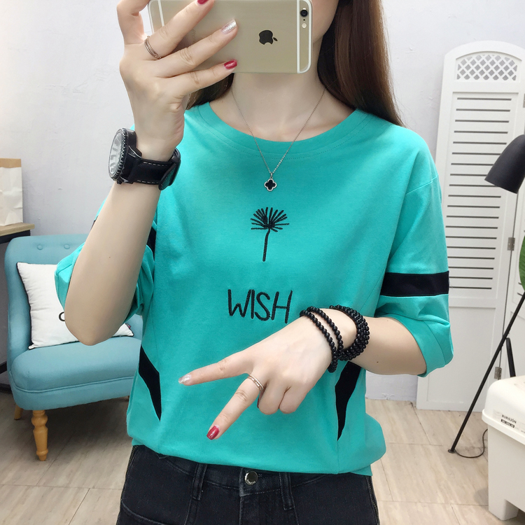 Summer embroidered large yard pure cotton T-shirt for women
