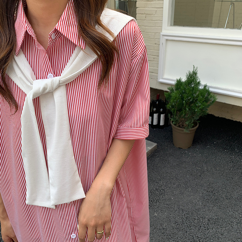 Korean style loose dress long vertical stripes shirt 2pcs set