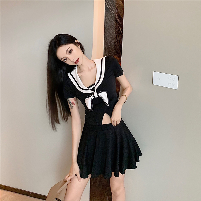 High waist college style tops autumn bow skirt 2pcs set