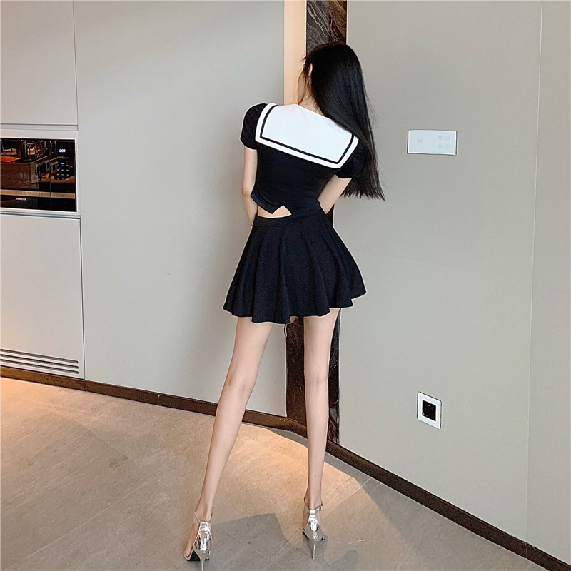High waist college style tops autumn bow skirt 2pcs set