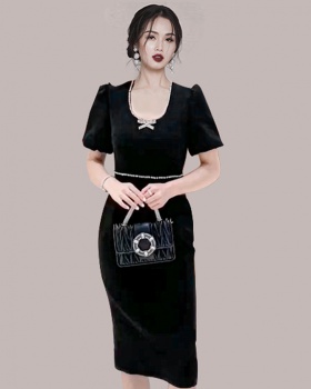 U-neck long lace rhinestone Korean style splice dress
