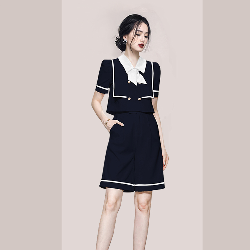 Navy collar Korean style tops high waist shorts a set