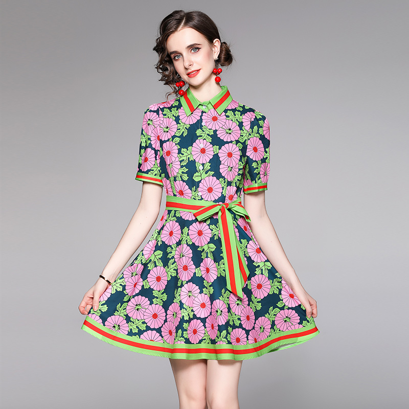European style with belt fashion pinched waist dress