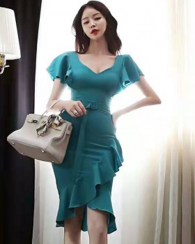 Slim irregular Korean style V-neck temperament dress