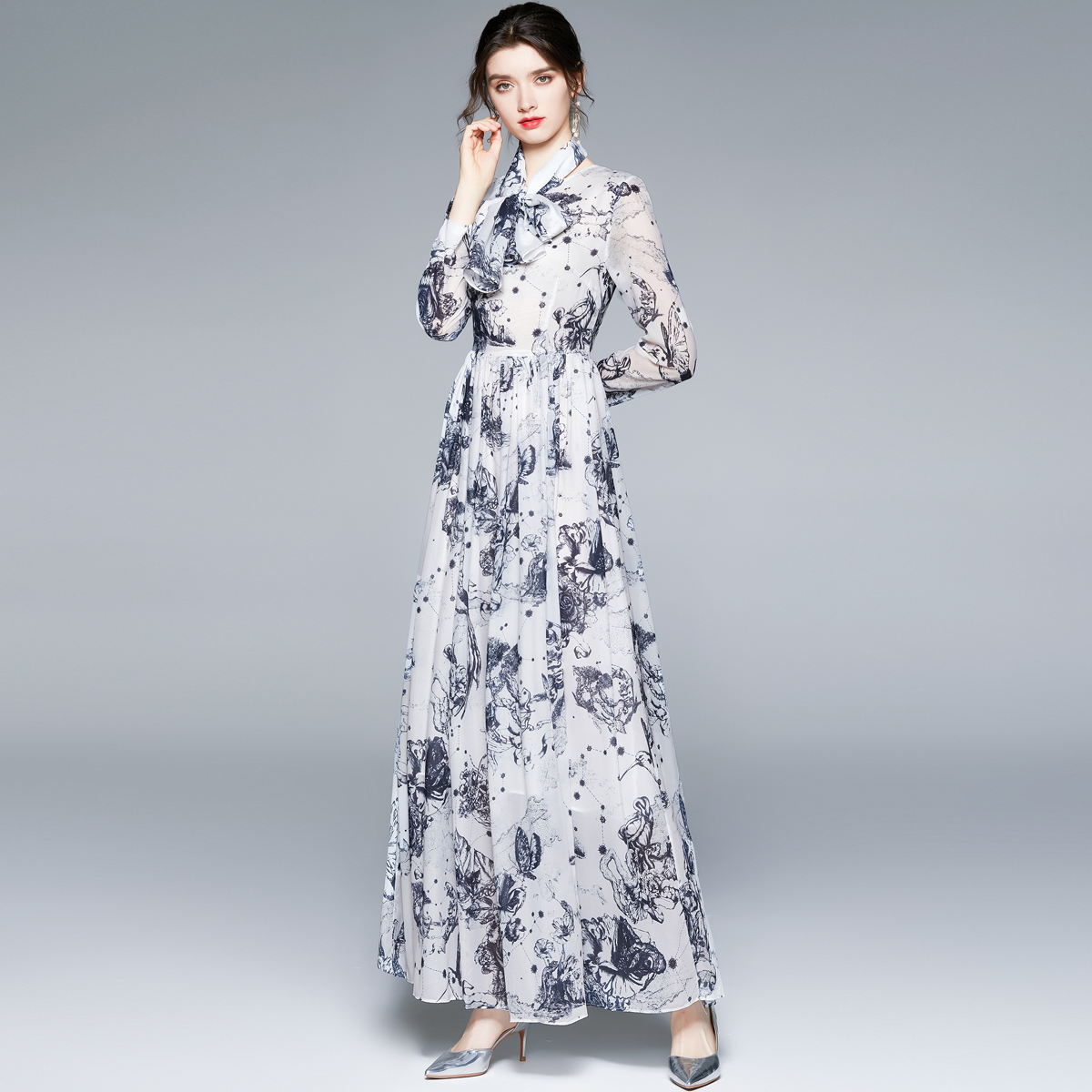 With scarves printing chiffon dress lined vacation long dress