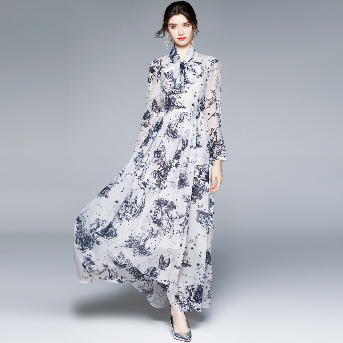 With scarves printing chiffon dress lined vacation long dress