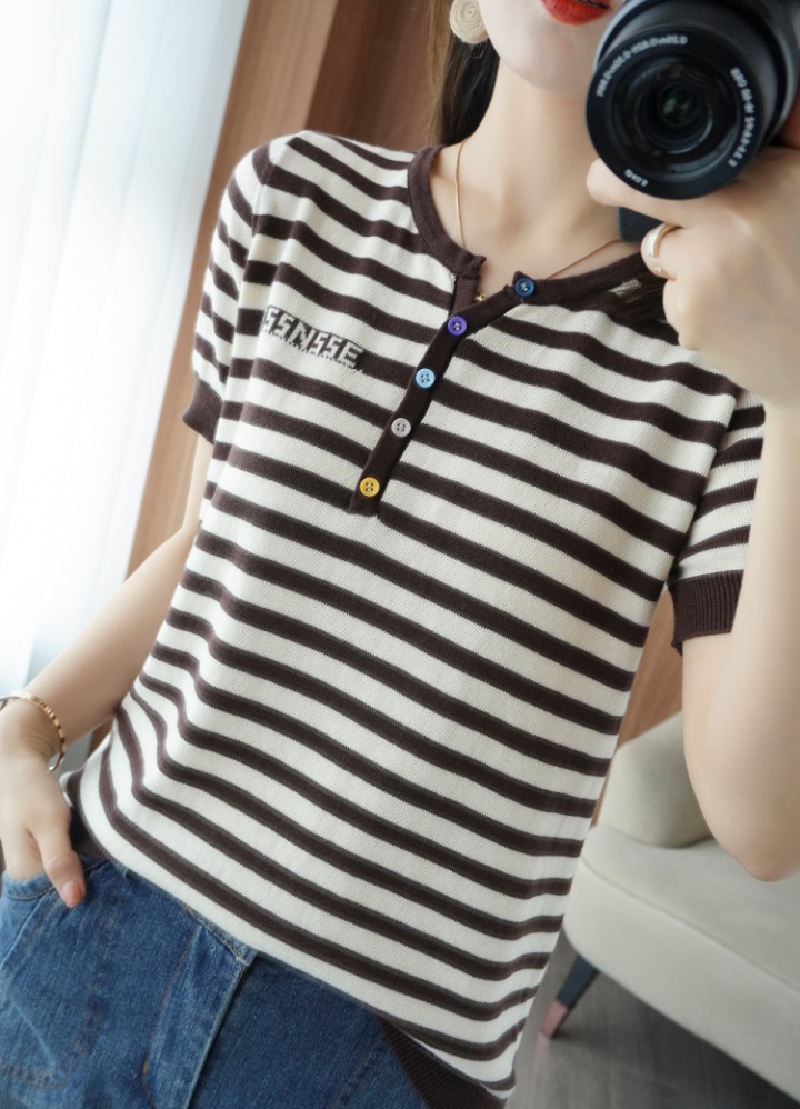 Stripe short sleeve T-shirt round neck tops for women