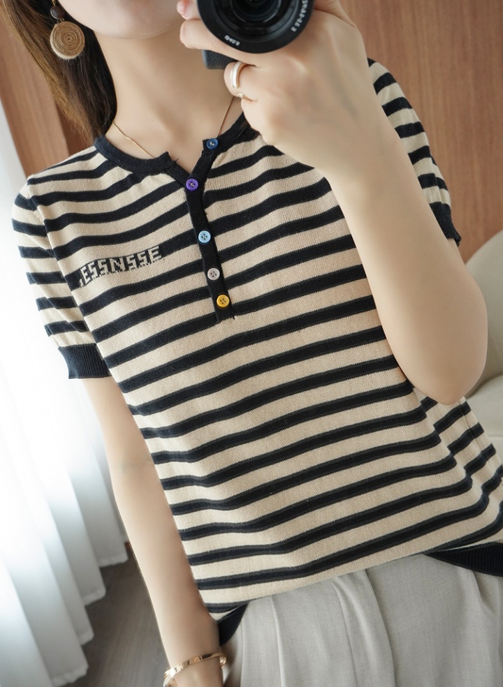 Stripe short sleeve T-shirt round neck tops for women