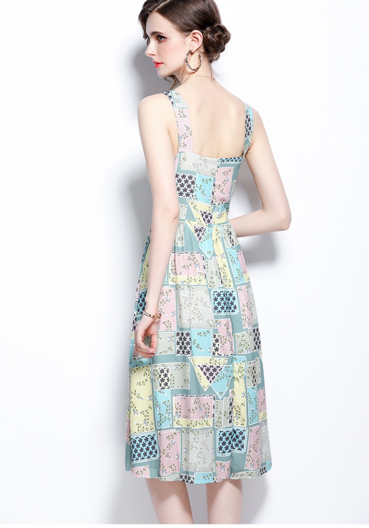 Fashion printing strap dress round neck dress
