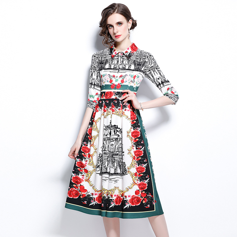 Fashion European style slim dress summer lapel long dress