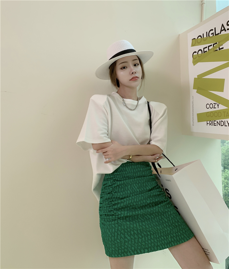 Korean style high waist simple skirt green fold T-shirt 2pcs set