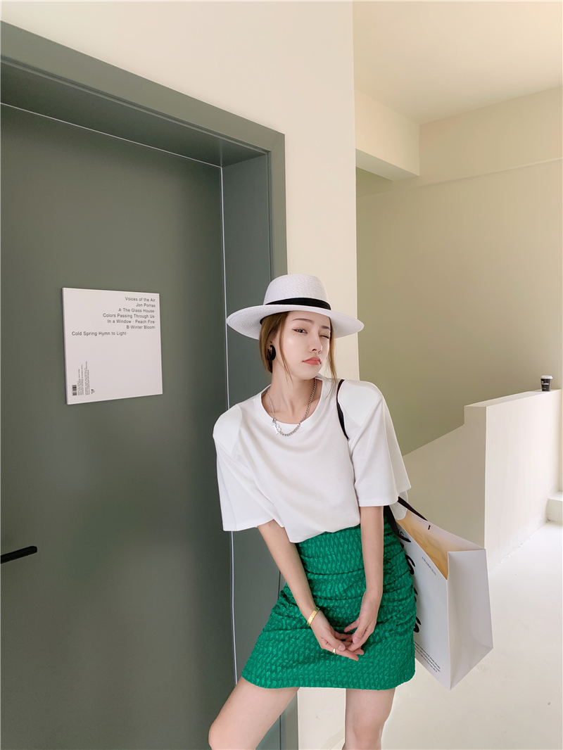 Korean style high waist simple skirt green fold T-shirt 2pcs set