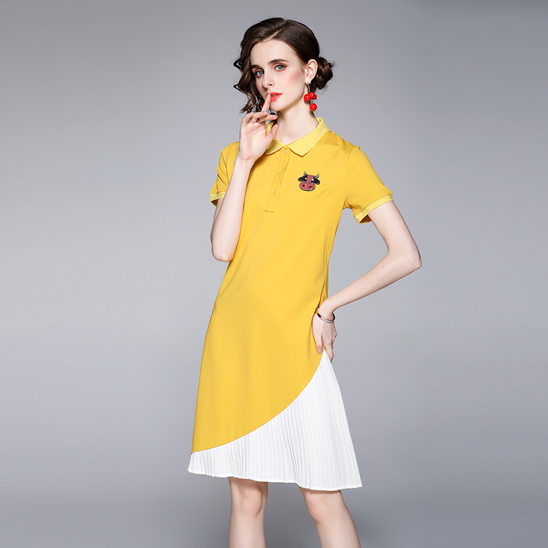 Splice lapel summer European style short sleeve pleated dress