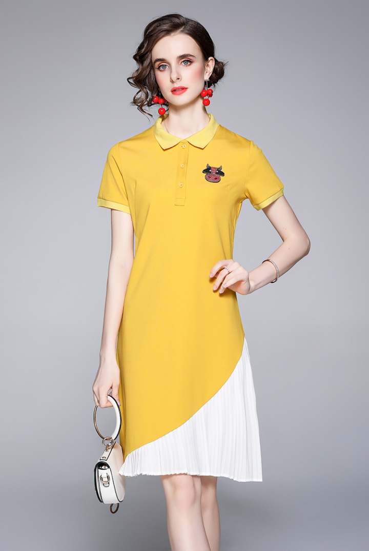 Splice lapel summer European style short sleeve pleated dress
