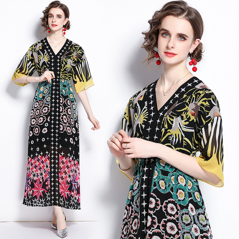 V-neck pinched waist printing short sleeve long dress for women