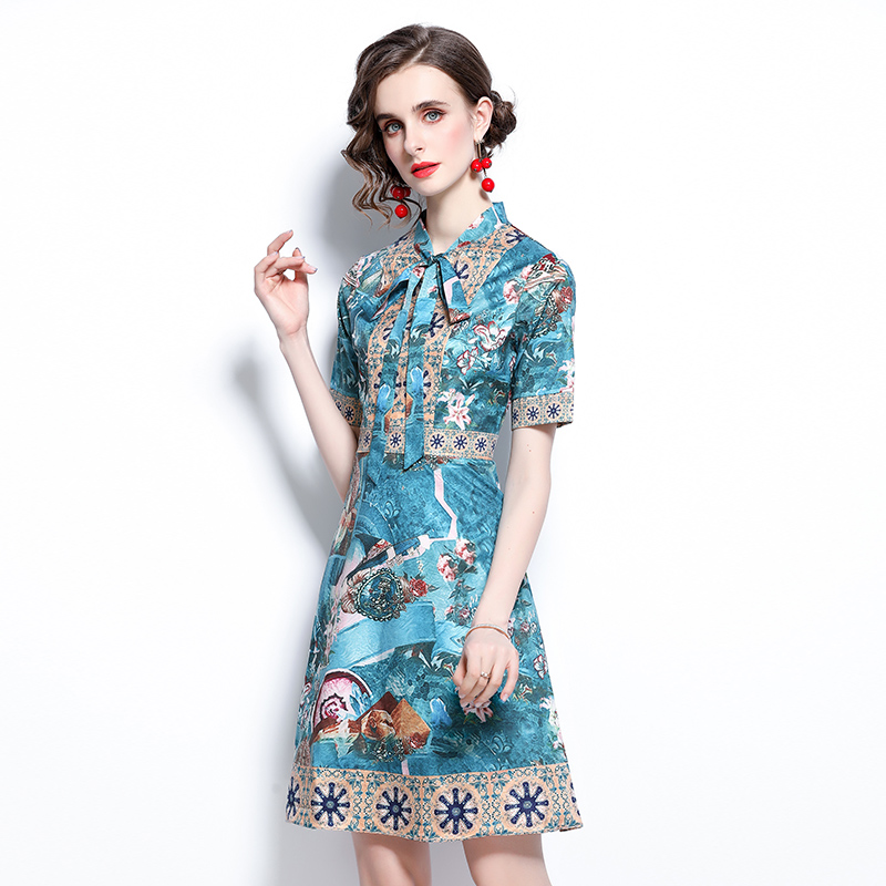 Western style printing T-back pinched waist short sleeve dress