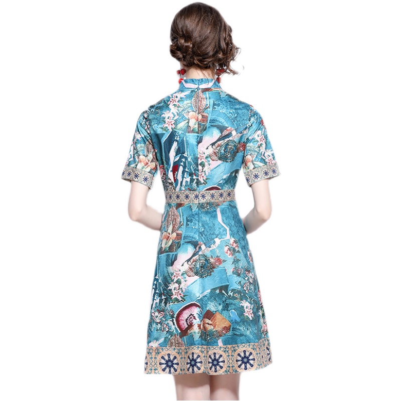 Western style printing T-back pinched waist short sleeve dress