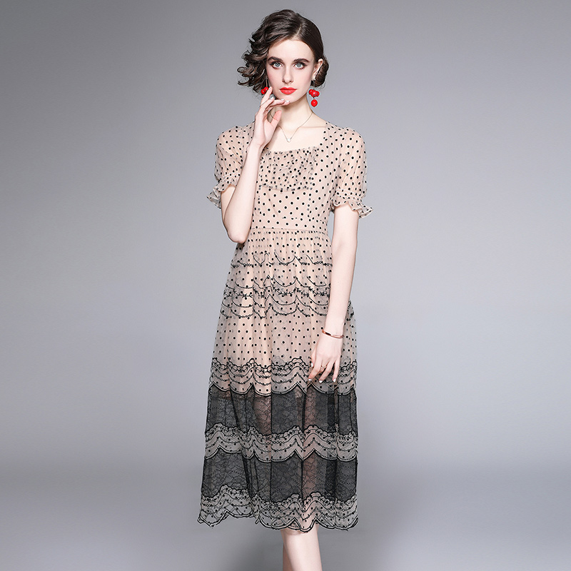 European style polka dot printing splice lace dress