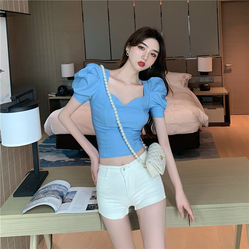 Slim puff sleeve short France style all-match retro tops