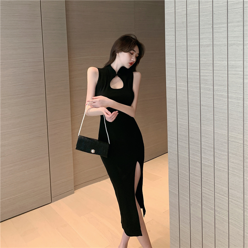 Temperament hollow long dress sleeveless cheongsam