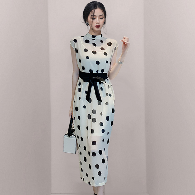 Temperament chiffon dress slim belt 2pcs set for women