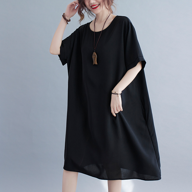 Summer fat round neck loose cotton linen black dress