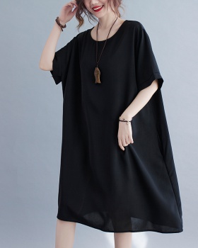 Summer fat round neck loose cotton linen black dress