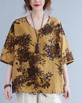 Summer large yard cotton linen tops slim V-neck T-shirt