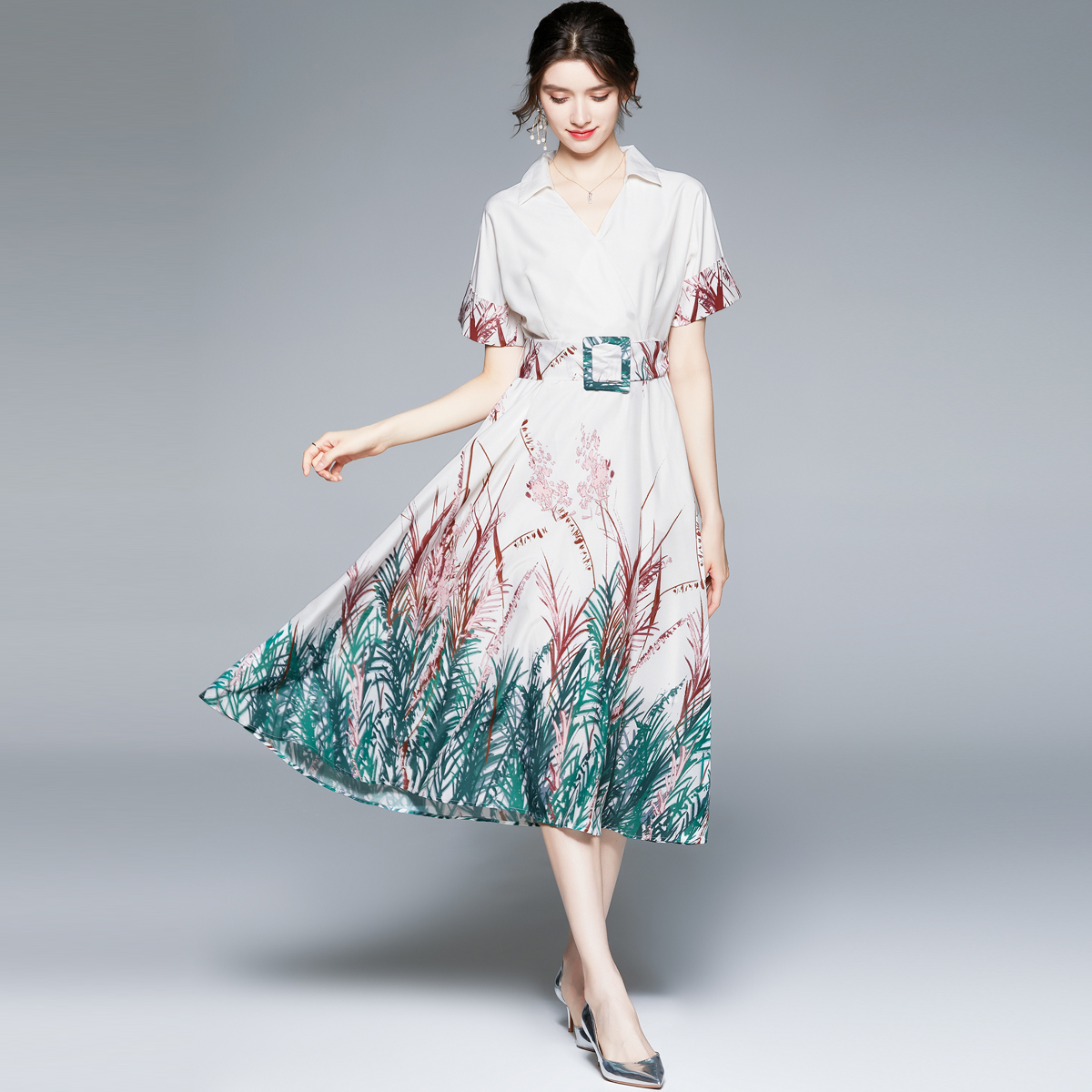 Catwalk summer short sleeve printing fashion dress