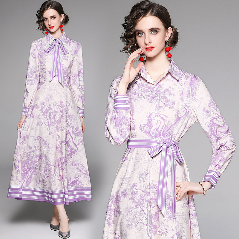 Pinched waist all-match printing slim fashion dress