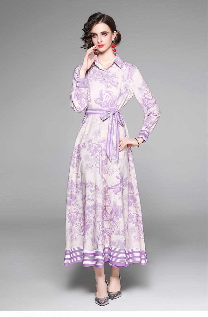 Pinched waist all-match printing slim fashion dress