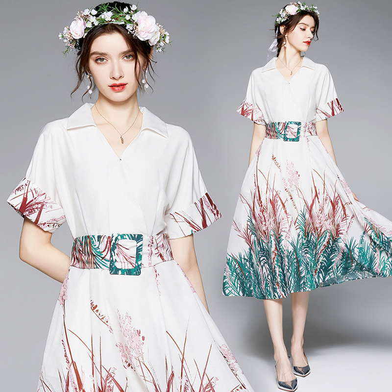 Temperament European style short sleeve printing dress