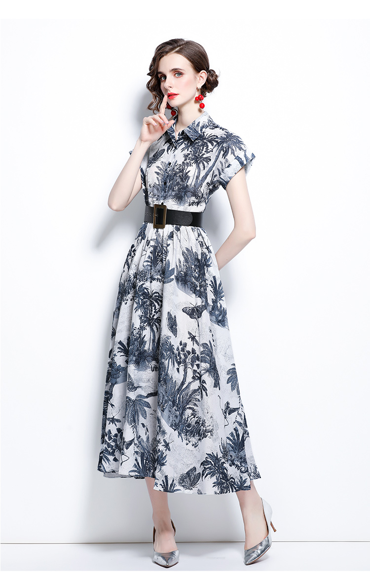 Printing ink long dress with belt elegant dress