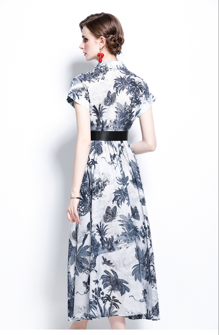 Printing ink long dress with belt elegant dress