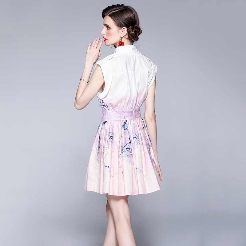 Pocket decoration sleeveless dress skirt hem printing vest