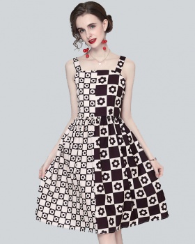 Sling European style printing slim plaid summer dress