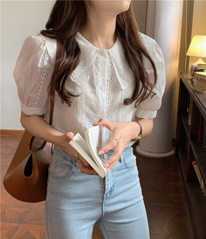 Hollow refinement Korean style embroidery splice shirt