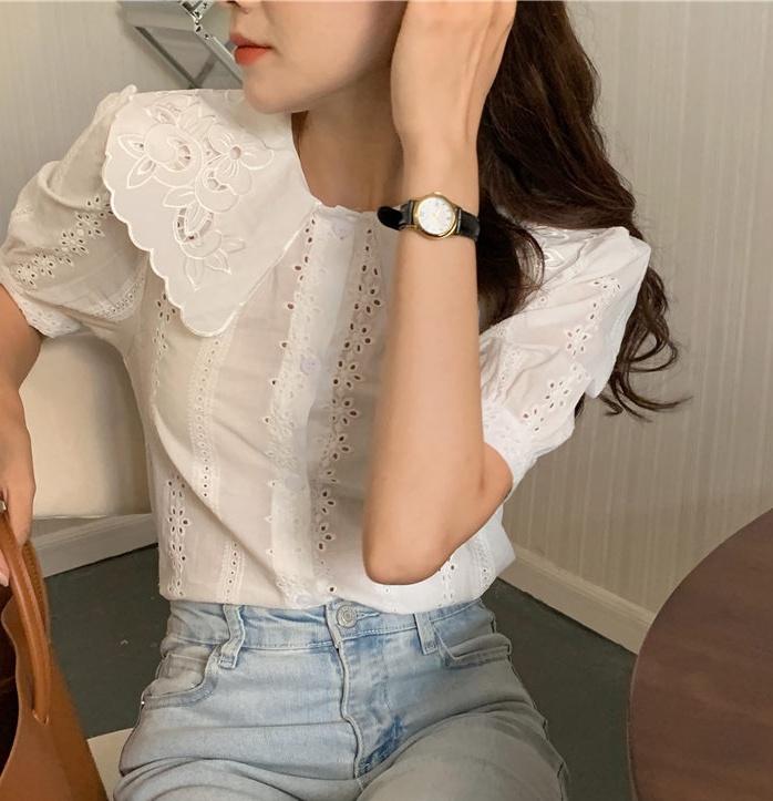 Hollow refinement Korean style embroidery splice shirt