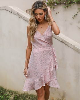 Floral pinched waist summer T-back European style sling dress