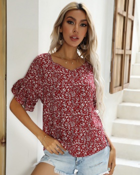 Short sleeve floral chiffon shirt European style tops